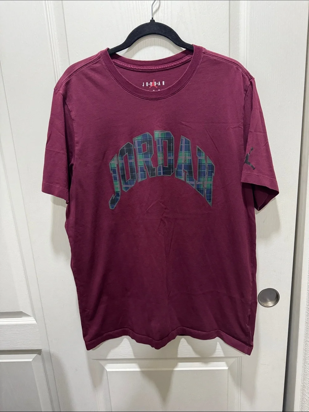 Jordan Plaid Logo Graphic T-Shirt Burgundy XL Cotton Tee